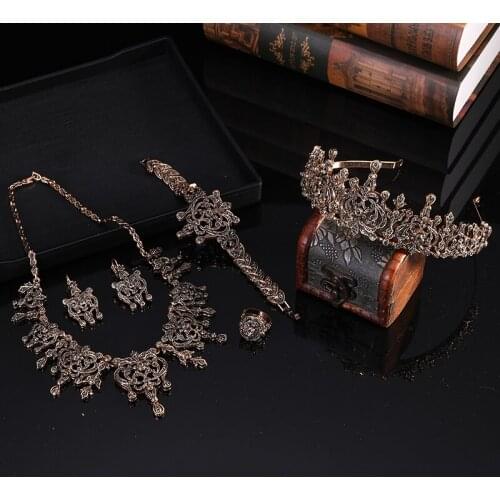 Turkish Wedding Jewelry Set Womens Earring Necklace Bracelet Ring Crown Arab Gold Bride Gift Bijoux