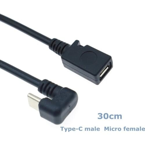 30cm U-Shaped 180 Degree USB C-Type Male to Micro USB Female Extension Cable for Mobile Hard Drives for Cell Phones and Tablets