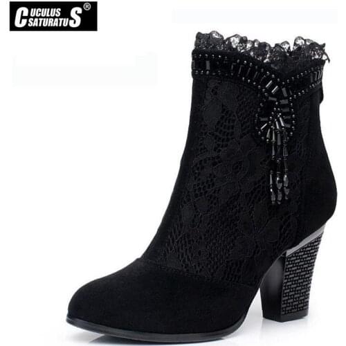 Cuculus 2021 Genuine leather female spring and autumn boots high-heeled shoes net boots lace womens shoes 1822