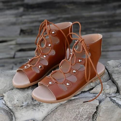 2021 Summer Vintage Roman Sandals Leather Fashion Gladiator Sandals Knee High Top Flats High Boots Sandles For Women Zapatos