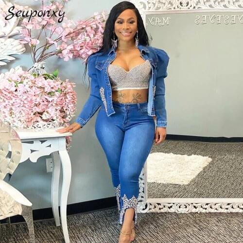 High Quality Spring 2021 WomenS Bodycon Denim 2 Two-Piece Set Sexy Long Sleeve Short Jacket + High Waist Pants Party Set