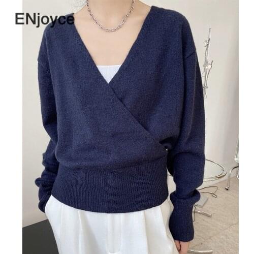 Woman Sweater V-neck Pullovers Sweater 2021 Spring New Fashion Korean Style Elegant Crossover Knitted Clothing Casual Loose Top