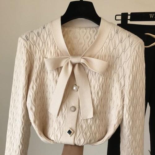 V-neck Sweater Womens 2020 Autumn Winter Bow Long Sleeve Coat Loose Outer Wear Cardigan Sweaters Girls Knitted Cardigans Coats