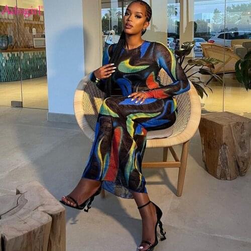 Adogirl Tie Dye Print Maxi Lace Dress Women Aesthetic See Through Long Sleeve Tight Night Club Party Robe 2021 Autumn Vestidos