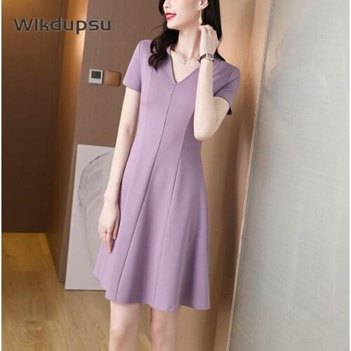 Short Sleeve Dress Women Summer Office Ladies V Neck Solid Color Vintage Korean A line Cotton Casual Party Dresses Female XXL