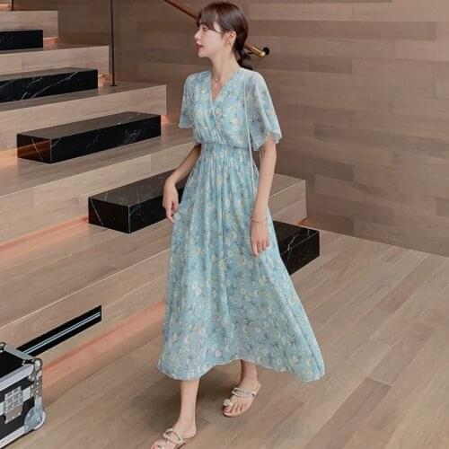 2021 Summer Women Ruffled Short-sleeved Chiffon Dress V-neck High Waist Backless Sexy Floral Print Beach Midi Dresses