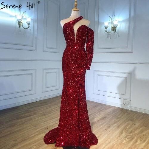 Serene Hill Wine Red Mermaid Sparkle Evening Dresses Gowns 2021 Luxury Elegant One Shoulder For Women Party CLA71306