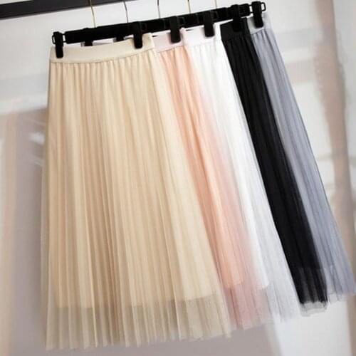 4 layers 55cm Tulle Pleated Skirts Womens High Waist A-line Pleated Skirt Midi Saias Midi Faldas Jupe School Sun Rokken Skirt