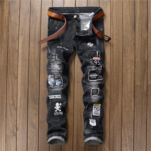 New Retro Mens Trousers Ripped Patch Black Jeans Badge Stitching Slim Non-elastic Straight Denim Trousers Handsome Autumn Pants