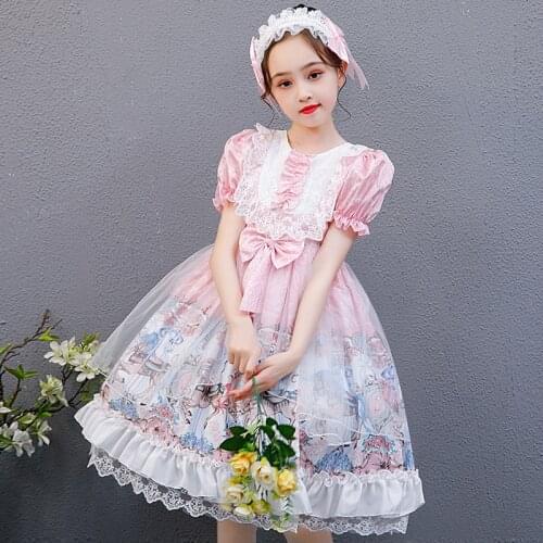 Kids Kawaii Sweet Cute Princess Lolita Dress Girls Summer Vintage Printed Lace Bowknot Pink Skirt And Headband Suit