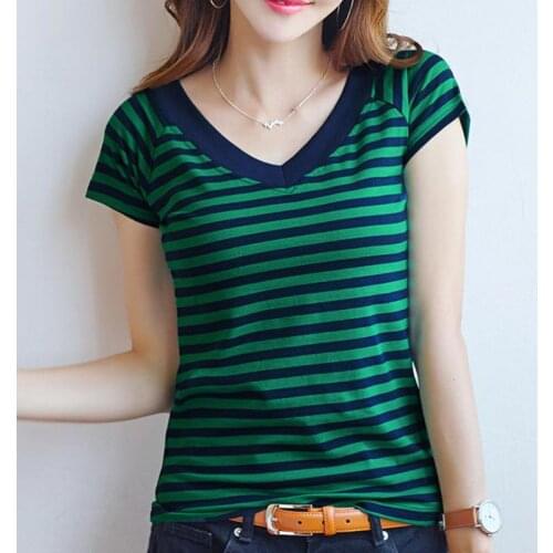 Zuolunouba Summer Sexy V-neck T-shirts Women Fashion Stripes Harajuku Tees Female Short Sleeve Casual Tops Slim