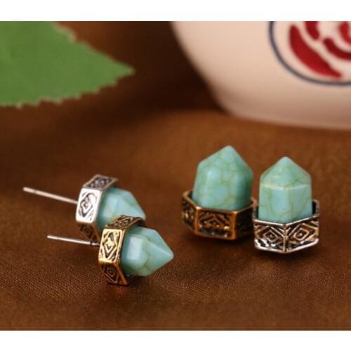 FYSL Wholesale 10 Paris Hexagon and Pyramid Green Turquoises Stone Stud Earrings for Women Ethnic Jewelry