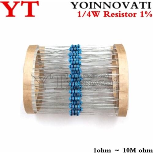 100pcs 1/4W 1R~22M 1% Metal film resistor 100R 220R 1K 1.5K 2.2K 4.7K 10K 22K 47K 100K 100 220 1K5 2K2 4K7 ohm resistance