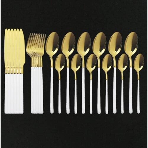 24Pcs White Gold Dinnerware Set 18/10 Stainless Steel Cutlery Set Kitchen Tableware Set Knife Fork Spoon Dinner Silverware Set