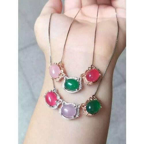 Natural chalcedony pendant S925 silver Natural gemstone Pendant Necklace trendy elegant Lovely cat women party girl jewelry