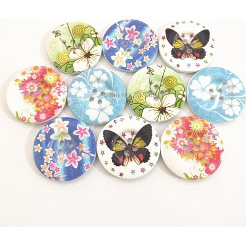 20pcs 30mm Large Wood 4 Holes Buttons Mixed Butterfly and Floral Sewing Round Button Embellishments Scrapbooking Cardmaking