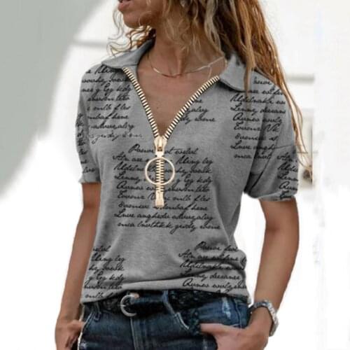 40#Letter Print Blouse Womens Zipper Lady Short Sleeve Casual Turn-down Collar Top Blouse Summer Elegant Shirts Tee Tunics