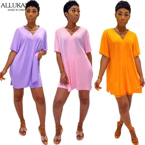Allukasa Summer Short Two Piece Set Women Clothes Casual V Neck T Shirt Top and Shorts Suit Streetwear Lady Sexy 2 Piece Outfits