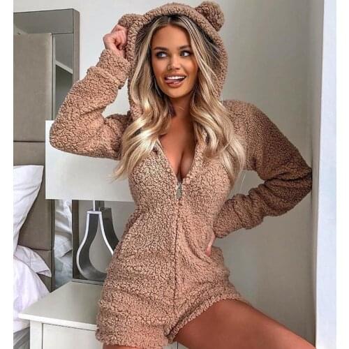 Women Pajama Sets Autumn Winter Flannel Bear Warm Bodysuits Romper Animal Sleepwear Cat Cute Female Pajama Women Homewear