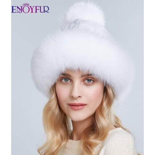 ENJOYFUR women natural mink fur hats hand sewn knitted winter thick fur caps with fox pompom warm fashion russian female beanies