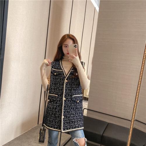 Women Plaid Tweed Vest Lady Spring And Autumn Long Vintage Style Suit Vest