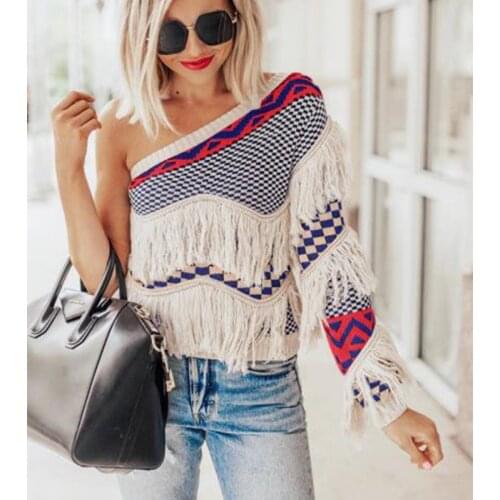 Autumn Top Women Sweater Sexy Tassel Female Clothing Oblique Shoulder Pullover Stitching Fringed Long Sleeved Oversize Blouse