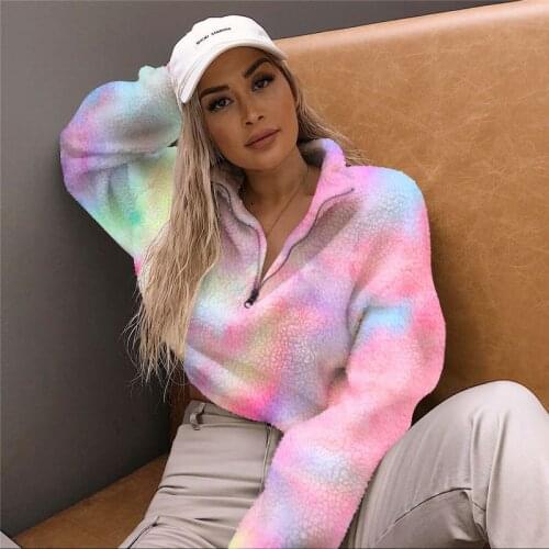Winter Tie Die Faux Fur Pink Oversized Hoodie Friends Warm Woman Hoodies Long Sleeve Hoody Sweat Femme