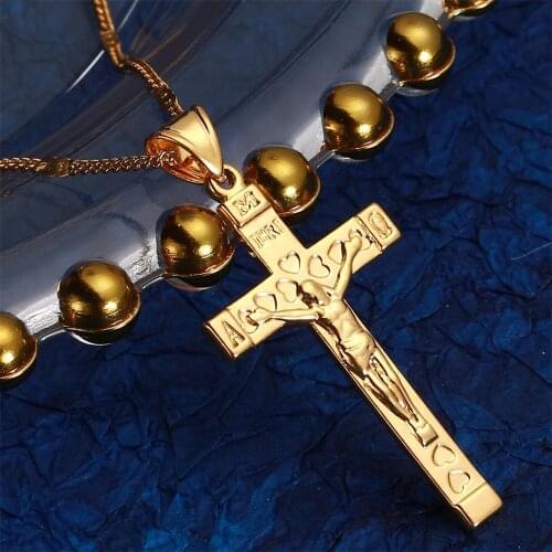 Gold Color Jesus Crucifix Cross INRI Pendant Necklace with Engraved Trendy Heart Cross Chain Jewelry