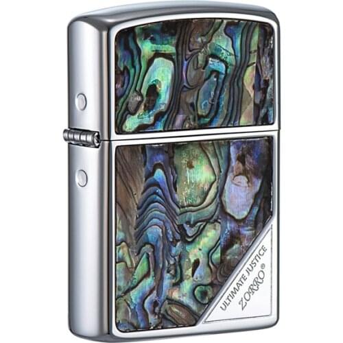 Zorro Copper Kerosene Pocket Lighter Mother of Pearl Shell Flint Grinding Wheel Cigarette Lighter Smoking Gift for Men with Box