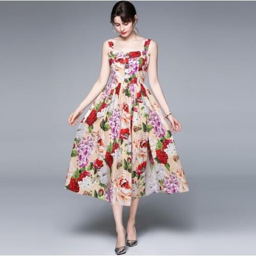 2021 Summer Runway Fashion Holiday Dresses Women Sexy Spaghetti Strap Flower Print Beading Buttons Long Party Dress Vestdio