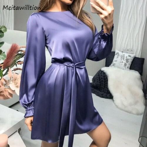 2021 Spring Summer Women Dress Vintage High Waist O-Neck Long Sleeve Mini Dress Elegant Satin Silk Party Dresses