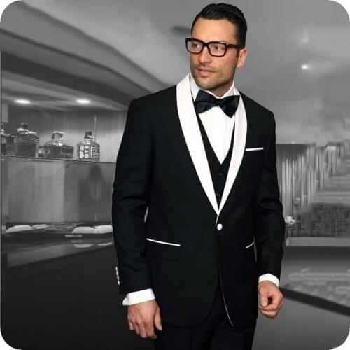 White Shawl Lapel Black Men Suits for Wedding Slim Fit Groom Tuxedo Best Man Blazer 3Piece Jacket Man Suit with Pants Vest Terno