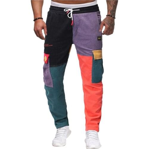 Mens Pants Rope Loosen Waist Splicing Corduroy Pocket Trousers Loose Sports Trousers Male Hip Hop Loose Streetwear Sports Pants