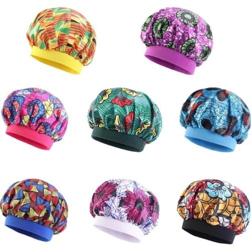 Kids Soft Satin Bonnet Wide Band Elastic African Print Sleep Night Cap Bonnet Hat Baby Cap For 2-7 Years Children Beanies Turban
