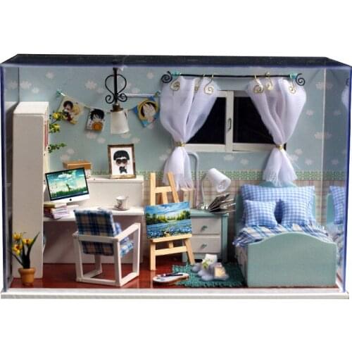 Rushed Home Decoration Crafts DIY Ocean Heart Doll House Wooden Houses Mini Assembling Miniature Furniture LED Light Kits T-005