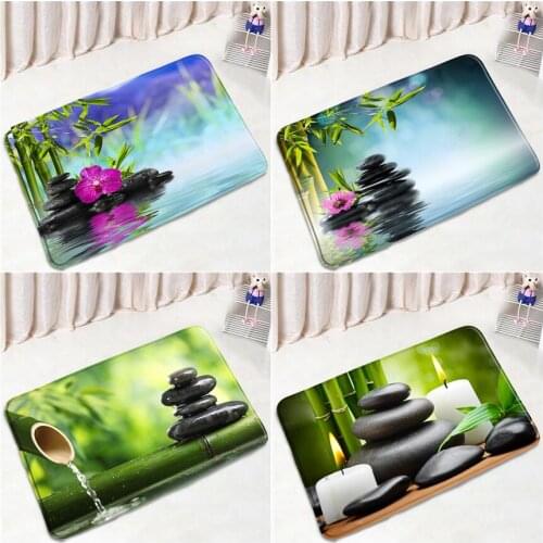 Zen Green Bamboo Floor Mats Black Stone Orchid Garden Scenery Bath Mat Entrance Bedroom Door Rug Bathroom Non-slip Carpet Decor