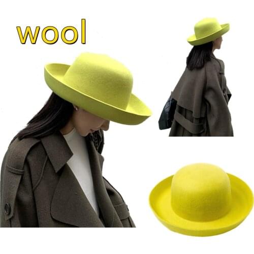 Wool fedora hat fluorescent green dome curling big brim woolen woolen top hat travel outdoor modeling with felt hat jazz панама