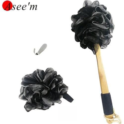 Bath Loofah Sponge Body Scrubber Bamboo Charcoal Bath Loofa Ball With Non-slip Long Wooden Handle Bath Brush With Shower Puff