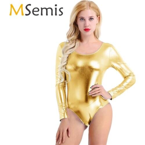 Womens Shiny Swimsuits Patent Wetlook Leather Thong Metallic Bodysuit Bodycon Gymnastics Stage Performance Leotard Dancewear