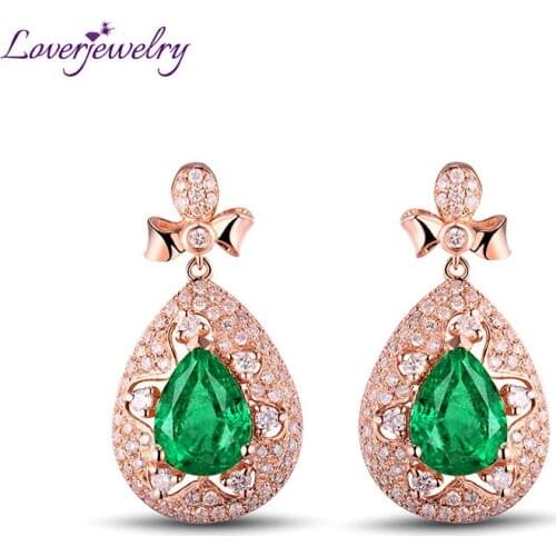 LOVERJEWELRY Earrings For Women Queen Design Natural Diamonds Pear Shape Solid 18Kt Rose Gold Stud Emerald Earrings Gift Jewelry