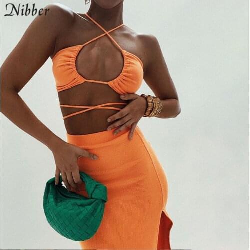 Nibber Summer Orange Long Two-piece Dress In Bright Color Cross Halter Neck Open Waist High Slit Design For Sexy Women Party