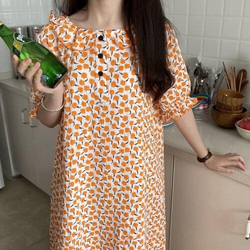 Orange Floral Print Summer Nightgown Women O-Neck Short Sleeve Loose Sweet Cotton Sleepwear Korean Soft Home Clothes