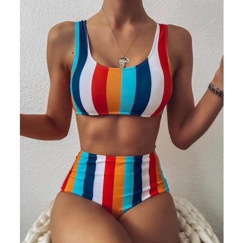 Striped Bikini High Waist Bathing Suit Sports Bikini Set Cropped Top Swimwear Women Two Piece Swimsuit Push Up Swimming Costumes