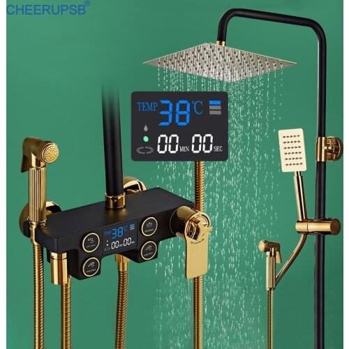LED Shower Set Bathroom Digital Thermostatic Shower System Wall Mount Smart Bath Faucet Square Spray SPA Rainfall Luxury Grifos
