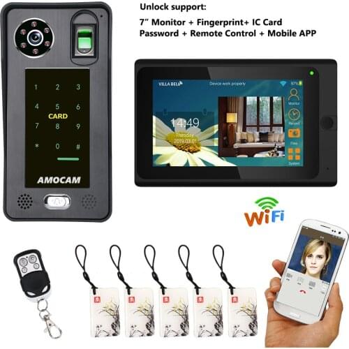 7 inch Wired / Wireless Wifi Fingerprint RFIC Password Video Door Phone Doorbell Intercom 1000TVL Wired Camera APP unlock Record