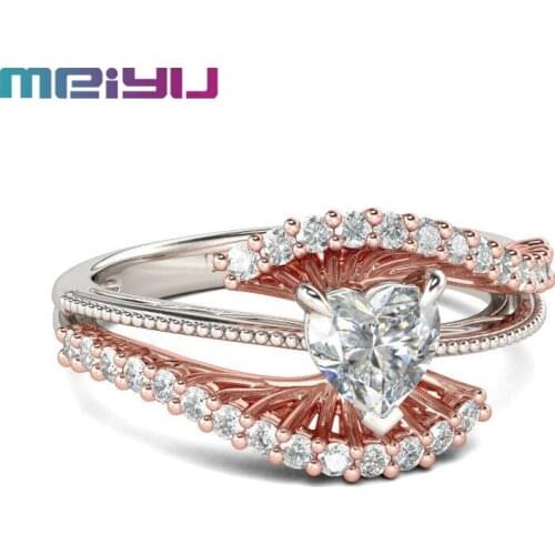 Exquisite Rose Gold Two Color Three Layers Micro Inlaid Zircon Ring Bridal Heart-Shaped Wedding Ring For Women Statement Jewelry