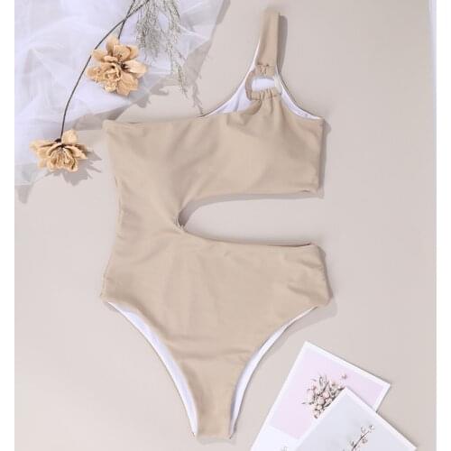 Females Bathing Suits High Waist and One Shoulder Pure Color Swimsuits XIN-Shipping