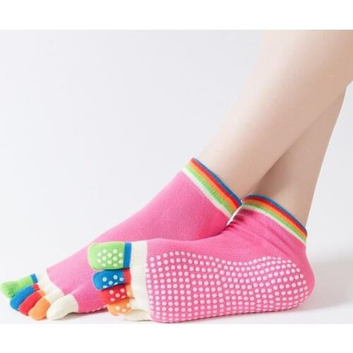 Women Sports Colorful Yoga Socks Hot Fitness And Pilates Cotton Socks Rainbow Workout Anti Slip Toe Socks Breathable Purple Pink