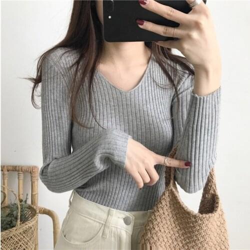 Anbenser Women Autumn Fall Sweater Slim Soft Long Sleeve V-Neck Knit Pullover Sexy Slim Stretch Black Jumper Pullover Sweaters