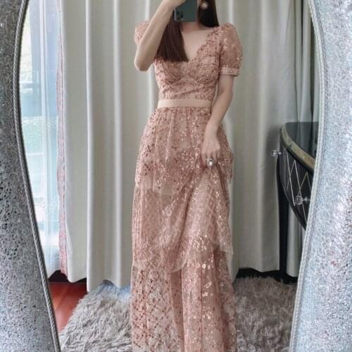 Runway Celebrity Sequins Dress Womens Mesh Beaded Flower Embroidered Gold Layered Cake Ruffles Long Dress Lady Evening Dress